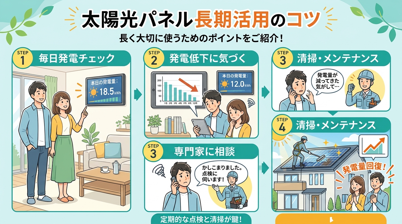 日本人と現代日本を舞台にすること, 「太陽光パネル長期活用のコツ」というタイトルのインフォグラフィック。明るく親しみやすいデジタルイラストのフロー図。Step1:夫婦が発電モニターを笑顔で確認→Ste