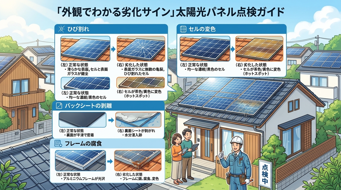 「外観でわかる劣化サイン」の各項目（ひび割れ、セルの変色、バックシートの剥離、フレームの腐食）について、それぞれ「正常な状態のパネル写真」と「劣化した状態のパネル写真」を並べて比較できるように掲載する