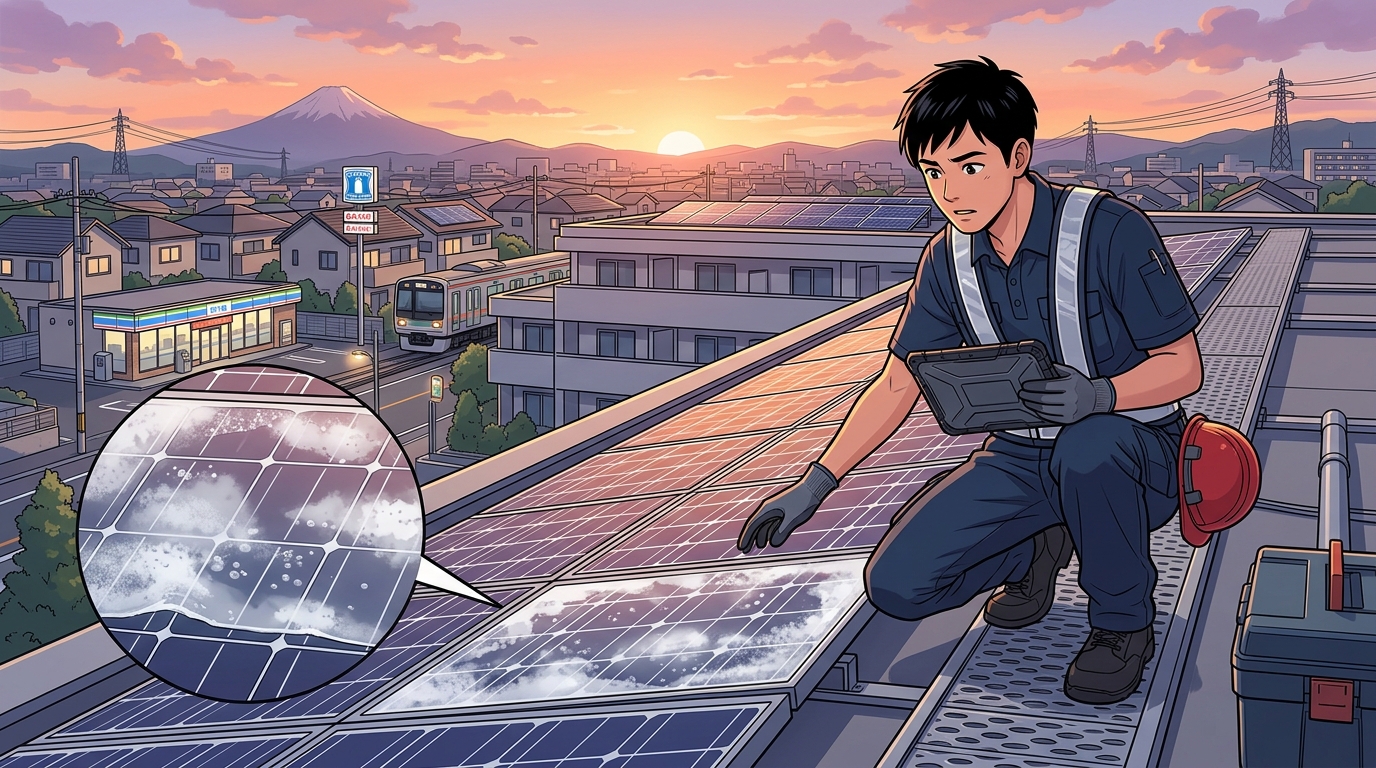 層間剥離を起こし、表面が白く濁っている太陽光パネルの実際の写真]