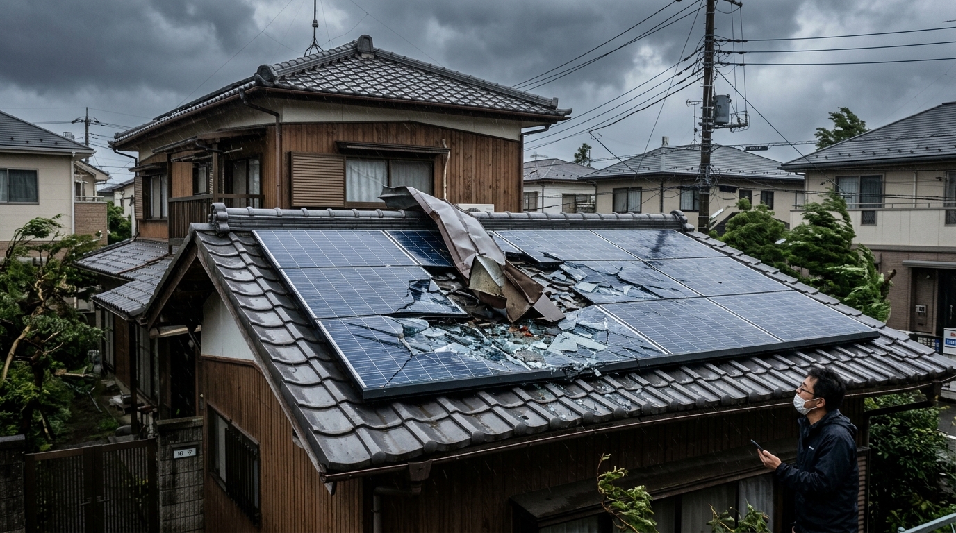 台風による飛来物でガラスが割れた太陽光パネル、または積雪の重みで歪んだ太陽光パネルの実際の写真]