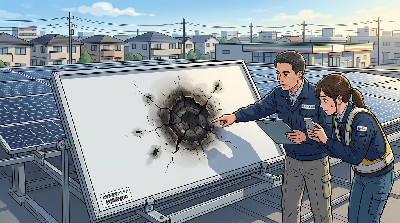 ホットスポット現象によってバックシートが黒く焦げてしまった太陽光パネルの実際の写真]