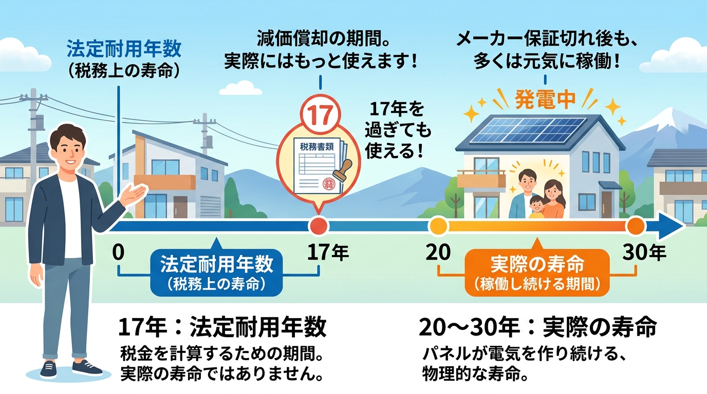 日本人と現代日本を舞台にすること, 太陽光パネルの2つの寿命を解説するインフォグラフィック。タイムライン（時間軸）を使い、「法定耐用年数：17年」の地点に税務書類のアイコンを、「実際の寿命：20〜30