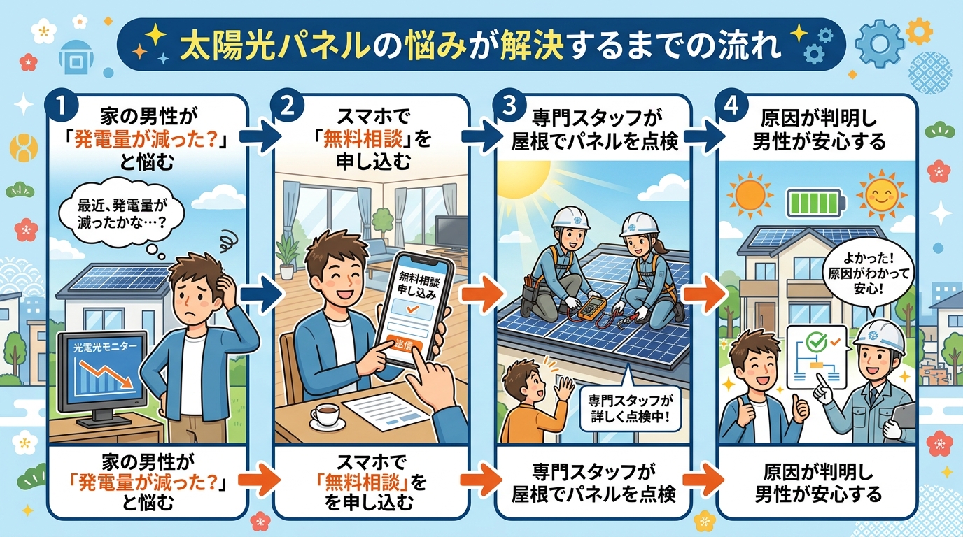 日本人と現代日本を舞台にすること, インフォグラフィック、太陽光パネルの悩みが解決するまでの流れを描いた4ステップのフロー図。親しみやすいキャラクターのデジタルイラスト。1.家の男性が「発電量が減った