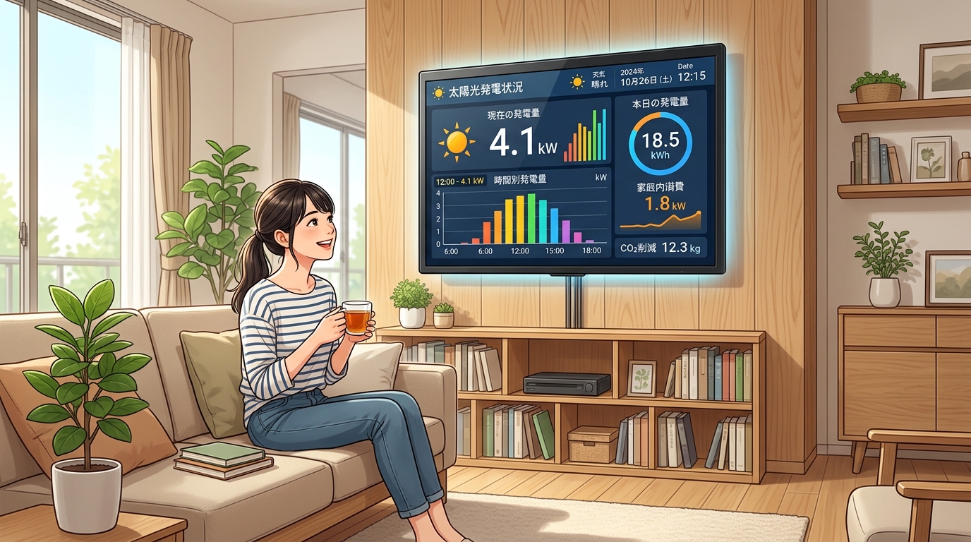 リビングの壁に設置された発電量モニターの画面の写真。具体的な発電量やグラフが表示されている様子がわかるもの。]