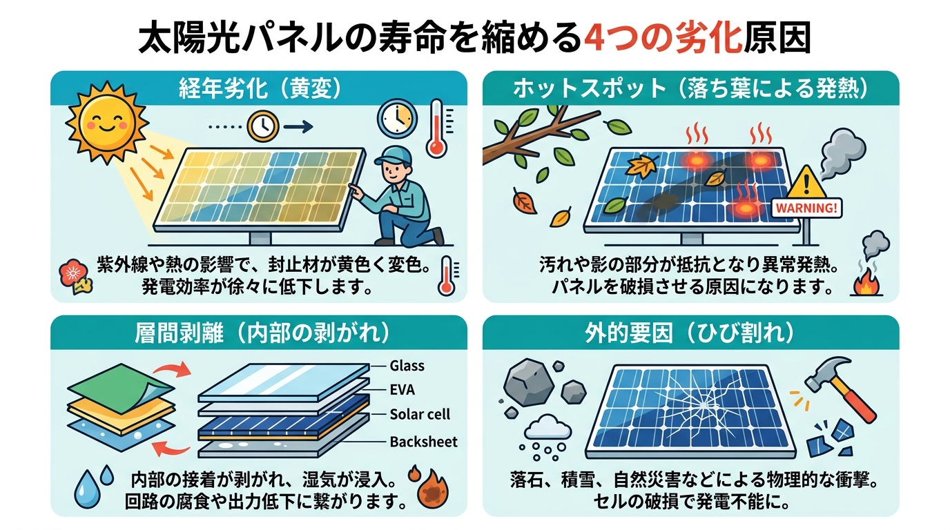 日本人と現代日本を舞台にすること, 「太陽光パネルの寿命を縮める4つの劣化原因」をテーマにしたインフォグラフィック。画面を4分割し、「経年劣化（黄変）」「ホットスポット（落ち葉による発熱）」「層間剥離