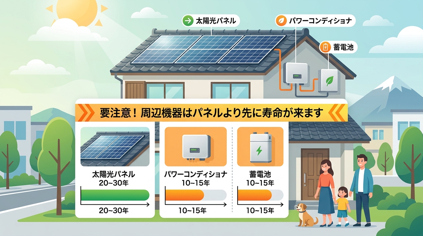 日本人と現代日本を舞台にすること, 太陽光発電システムの機器別・寿命比較インフォグラフィック。フラットデザインのデジタルイラスト。家の屋根にある太陽光パネルと、その横にパワーコンディショナ、蓄電池を並