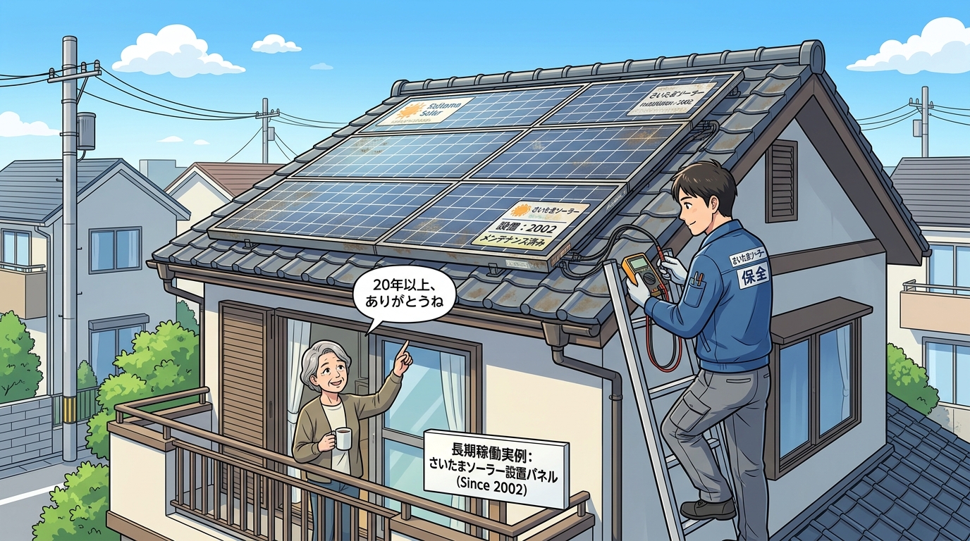 設置から20年以上経過した、さいたまソーラーがメンテナンスしているお客様宅の太陽光パネルの写真。長期稼働の実例として信頼性を高める。]