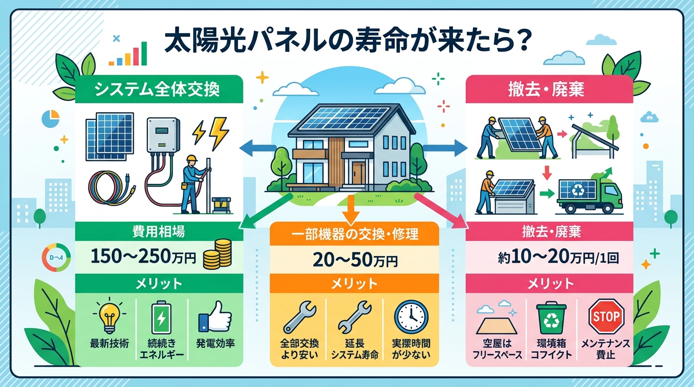 日本人と現代日本を舞台にすること, 「太陽光パネルの寿命が来たら？」というタイトルのインフォグラフィック。中央に家のイラストを配置し、そこから分岐する形で「システム全体交換」「撤去・廃棄」など3つの選