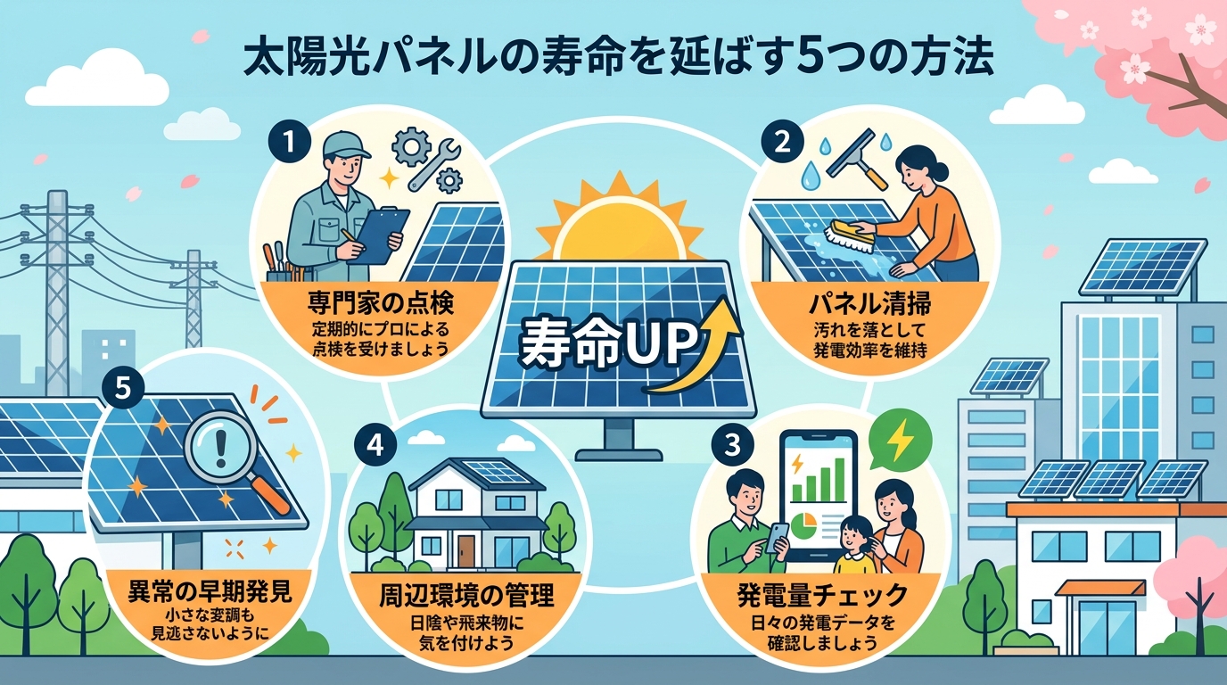 日本人と現代日本を舞台にすること, 「太陽光パネルの寿命を延ばす5つの方法」というテーマのインフォグラフィック。中央に太陽光パネルのイラストと「寿命UP」の文字を配置。その周りに「専門家の点検」「パネ