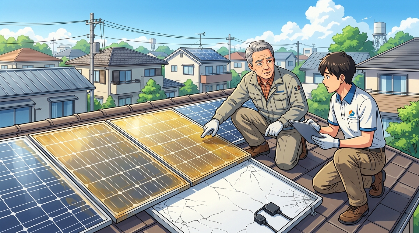 経年劣化で封止材が黄変した太陽光パネルの実際の写真と、バックシートにひび割れが入ったパネルのクローズアップ写真]