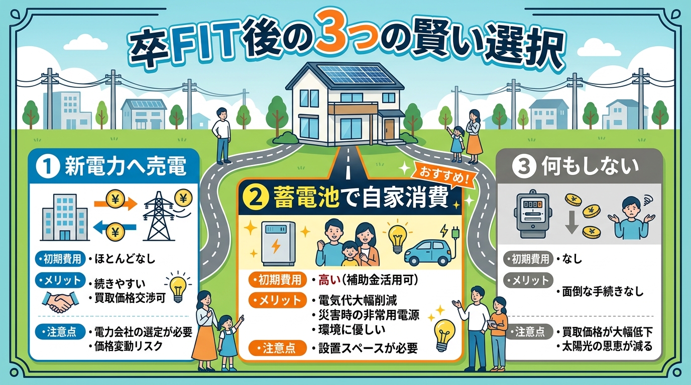 日本人と現代日本を舞台にすること, インフォグラフィック。「卒FIT後の3つの賢い選択」というタイトルで、太陽光パネルのある家から3つの道が分岐する比較図。各選択肢「①新電力へ売電」「②蓄電池で自家消
