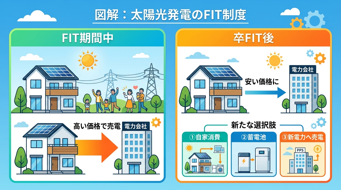 日本人と現代日本を舞台にすること, 太陽光発電のFIT制度を解説するインフォグラフィック。フラットデザインのデジタルイラスト。中央に「図解：太陽光発電のFIT制度」というタイトル。左側に「FIT期間中