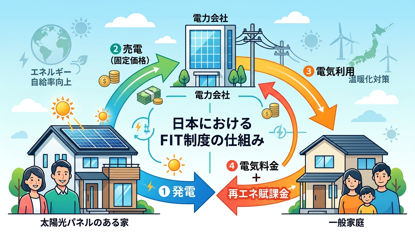 日本人と現代日本を舞台にすること, 「FIT制度の仕組み」をテーマにしたインフォグラフィック。太陽光パネルのある家、電力会社、一般家庭の3者を矢印で結び、「発電」「売電（固定価格）」「再エネ賦課金」と