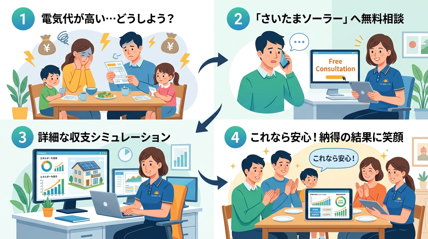 日本人と現代日本を舞台にすること, 太陽光発電の導入相談フローを描いたインフォグラフィック。親しみやすいフラットデザインのデジタルイラスト。4つのステップを矢印で繋ぐ構成。左上：「電気代が高い…」と悩