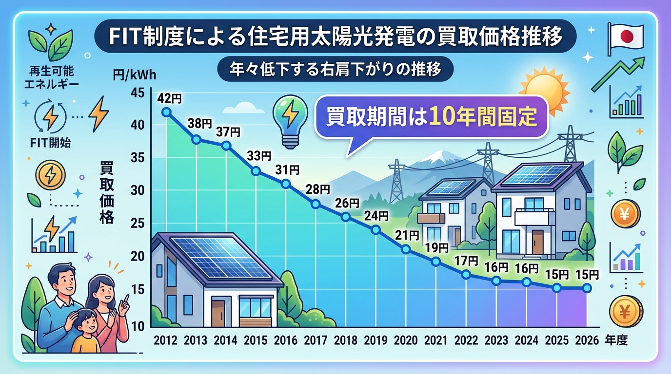 日本人と現代日本を舞台にすること, FIT制度による住宅用太陽光発電の買取価格推移を示すインフォグラフィック。2012年の42円から2026年の15円へ年々低下する右肩下がりの折れ線グラフを中央に配置