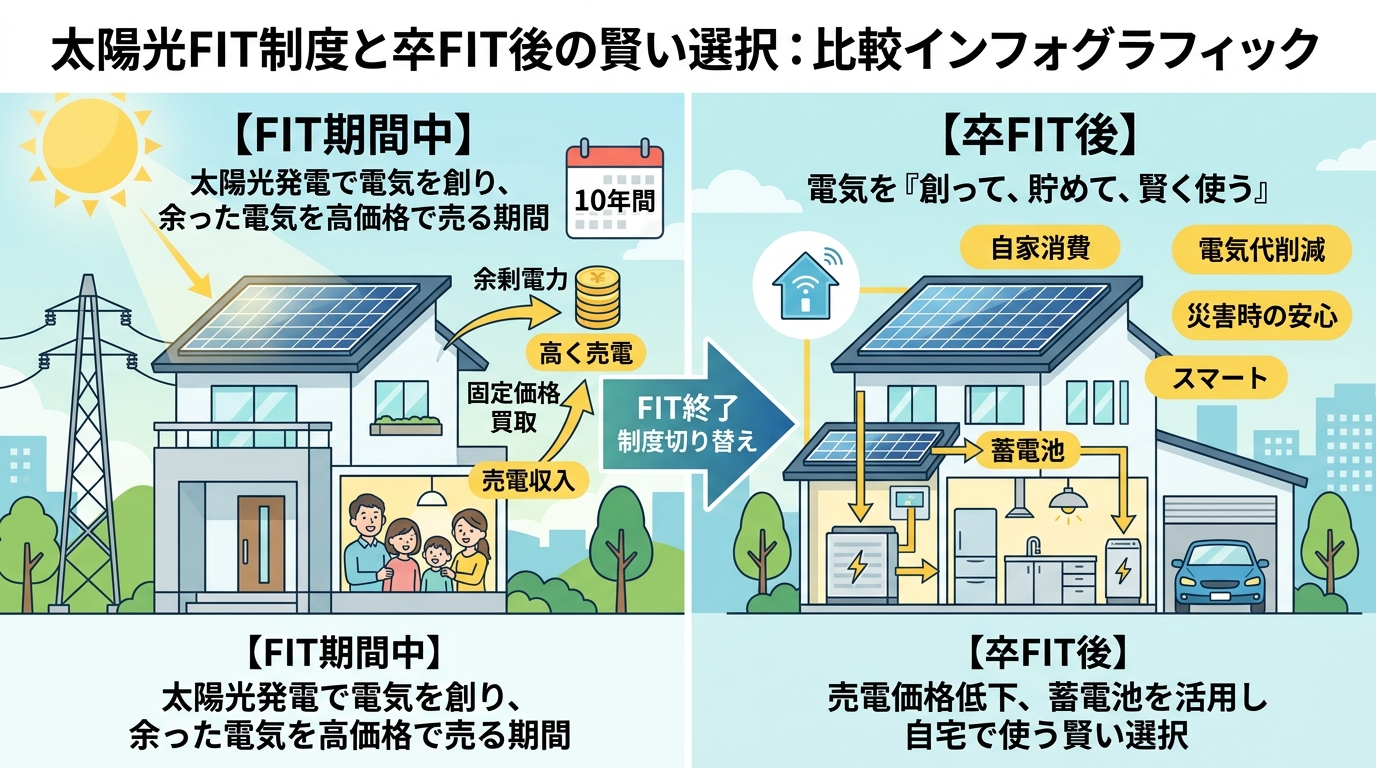 日本人と現代日本を舞台にすること, 太陽光発電のFIT制度と卒FIT後の賢い選択を示すインフォグラフィック。左側に【FIT期間中】の家が余剰電力を「高く売電」する様子、右側に【卒FIT後】の家が蓄電池