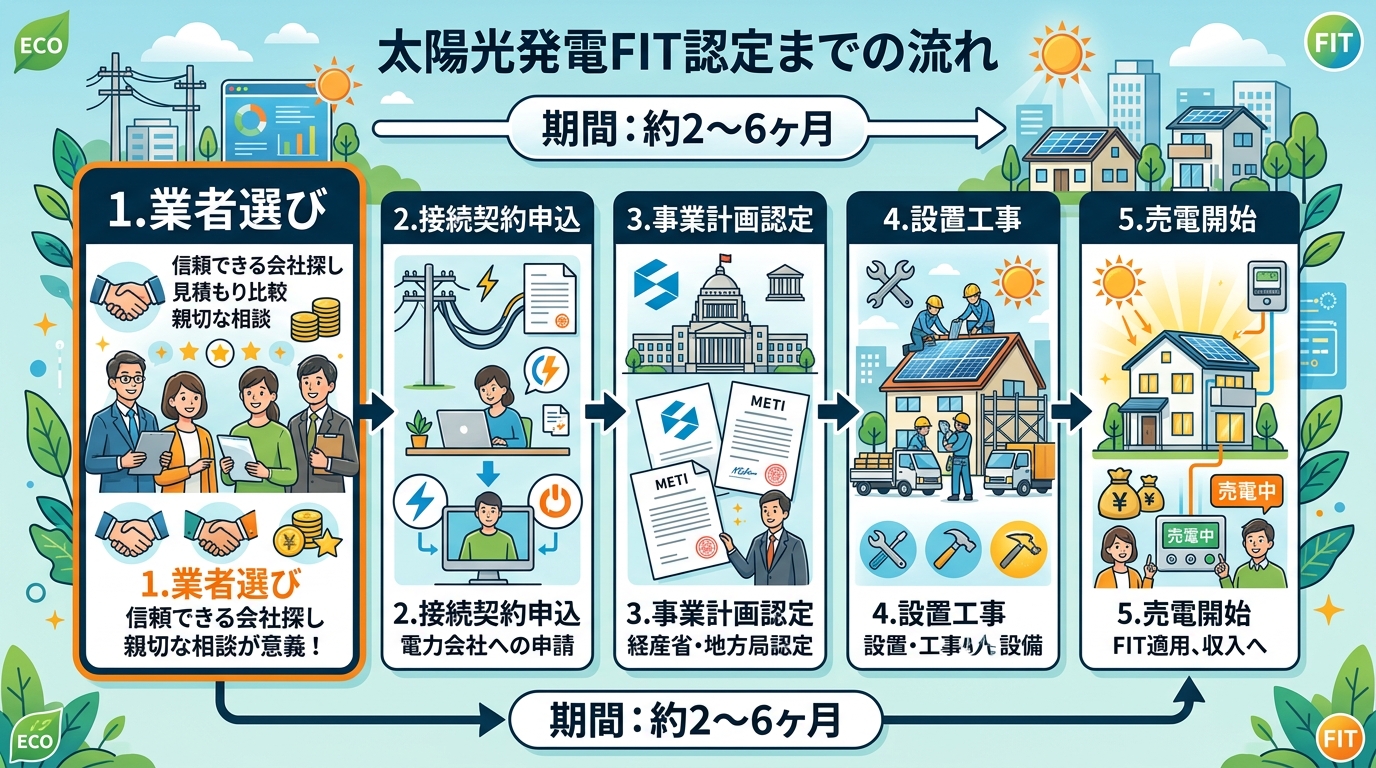 日本人と現代日本を舞台にすること, 太陽光発電FIT認定までの流れを示すインフォグラフィック。明るく分かりやすいデジタルイラストで、5つのステップからなるフローチャート。「1.業者選び」「2.接続契約