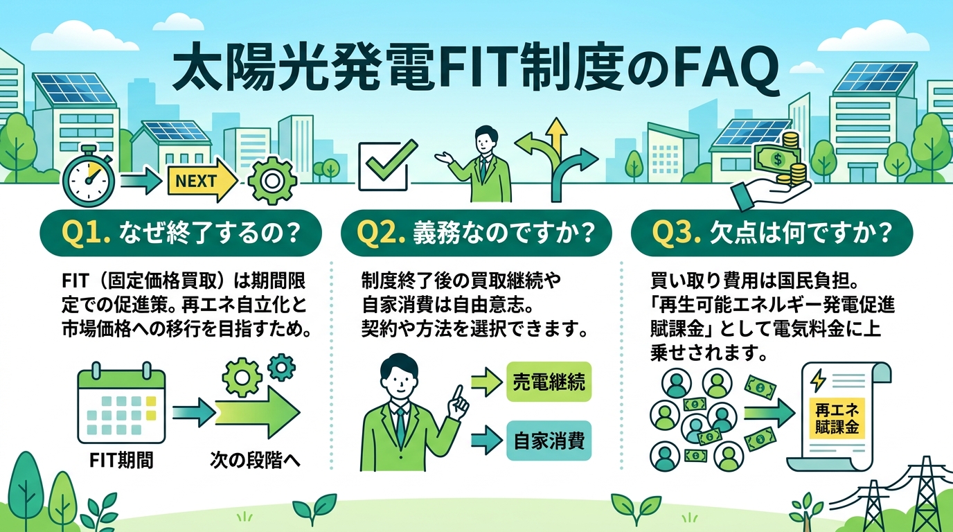 日本人と現代日本を舞台にすること, 「太陽光発電FIT制度のFAQ」というタイトルのインフォグラフィック。3つの質問（終了理由、義務か、欠点）と答えを、シンプルなアイコンと短い日本語テキストで図解する