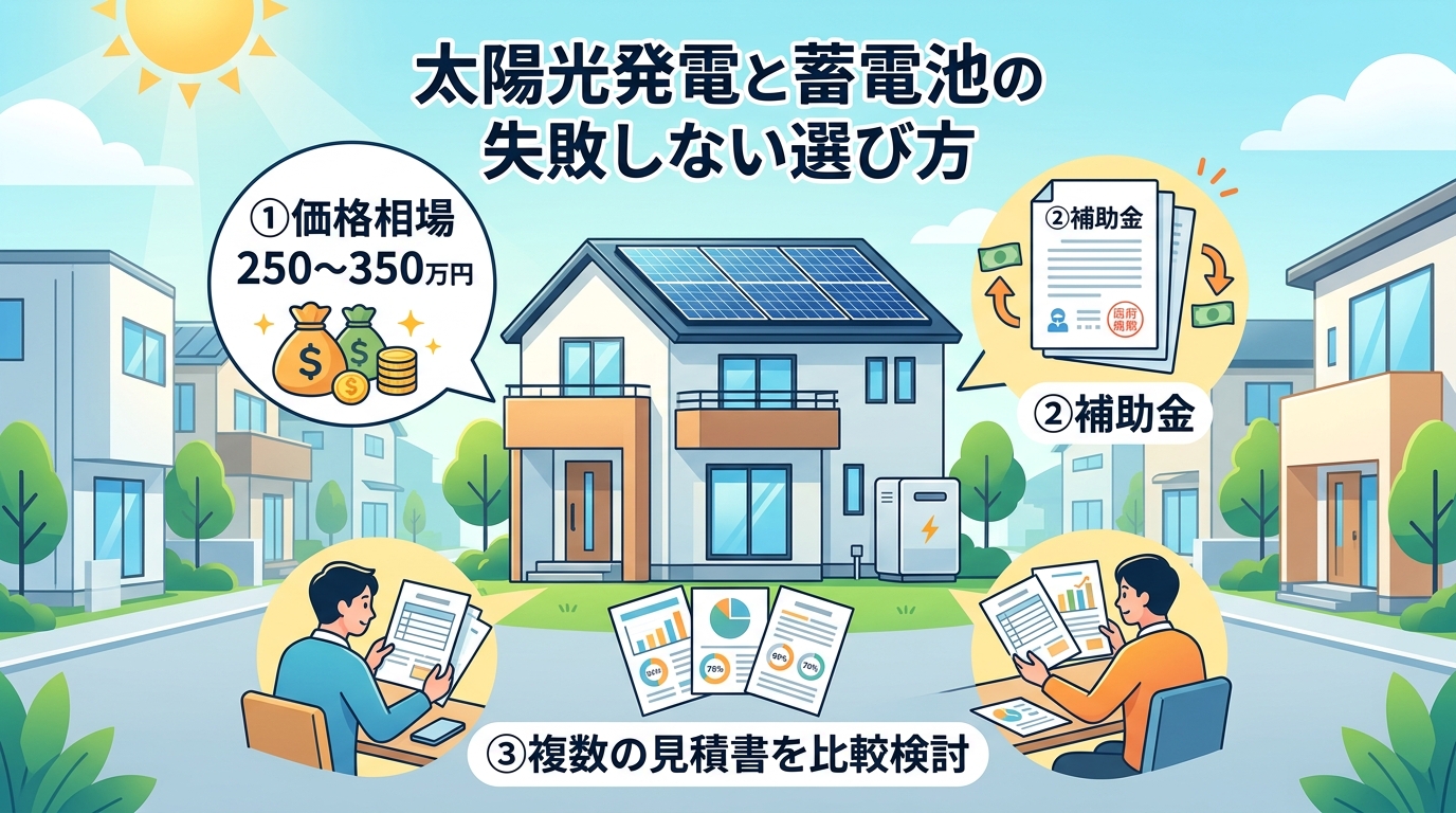 日本人と現代日本を舞台にすること, 「太陽光発電と蓄電池の失敗しない選び方」をテーマにしたインフォグラフィック。中央に太陽光パネルと蓄電池がある家を配置。その周りに成功の3要素として、①「価格相場25