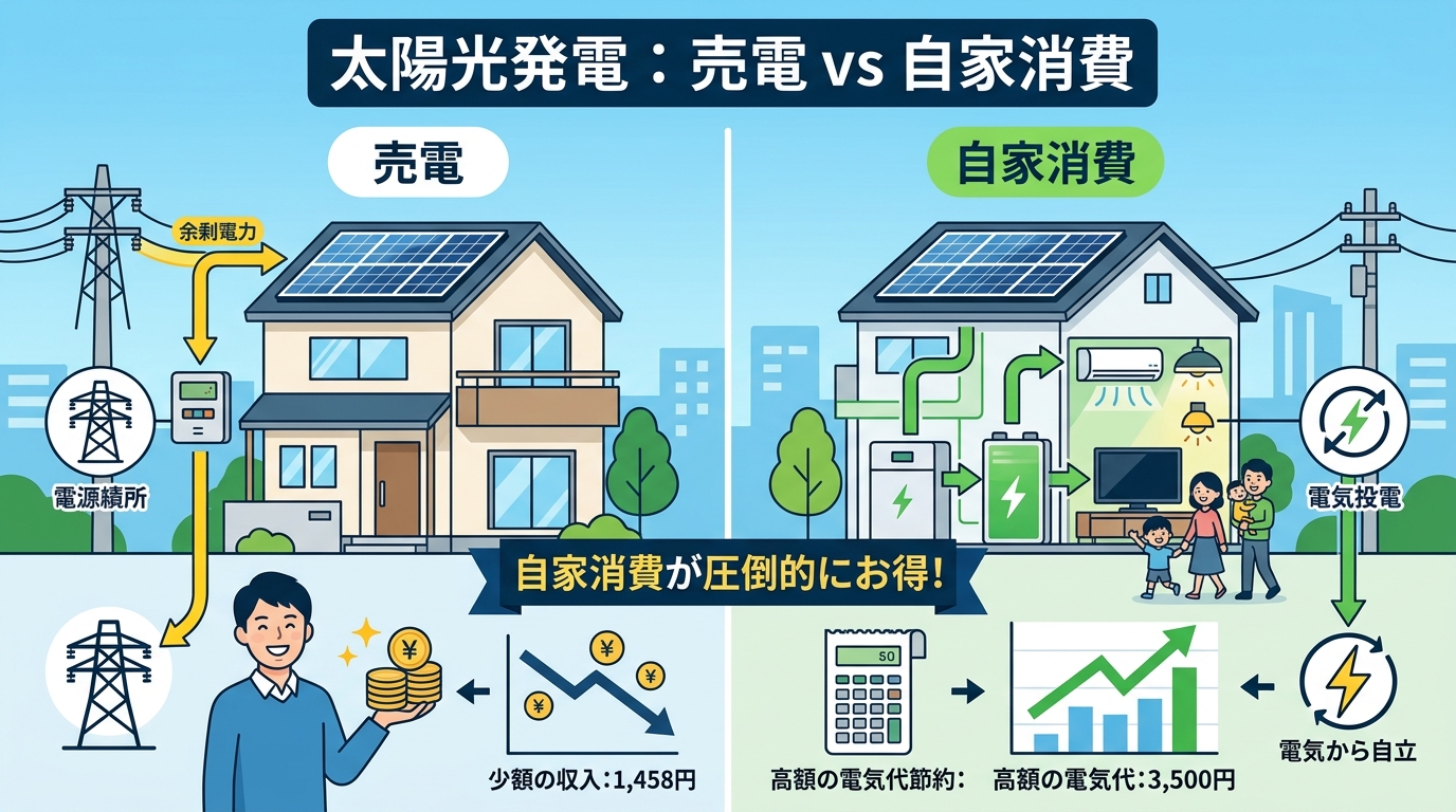 日本人と現代日本を舞台にすること, 「太陽光発電：売電 vs 自家消費」というタイトルのインフォグラフィック。左右分割の比較図で、左に「売電」、右に「自家消費」を配置。左側は太陽光パネルの余剰電力を売