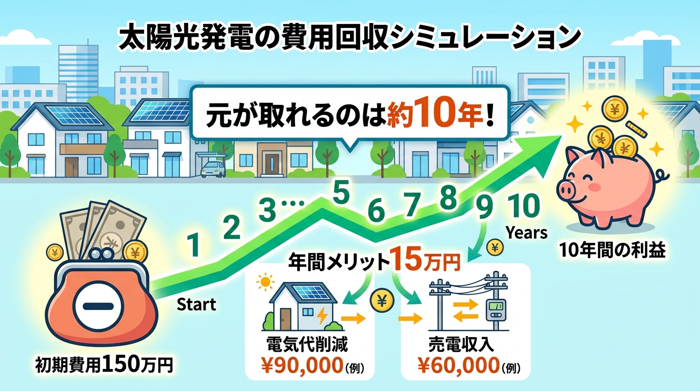 日本人と現代日本を舞台にすること, 太陽光発電の費用回収シミュレーションを描いたインフォグラフィック。中央に「元が取れるのは約10年!」という見出しを配置。左側に「初期費用150万円」の支出を示す財布