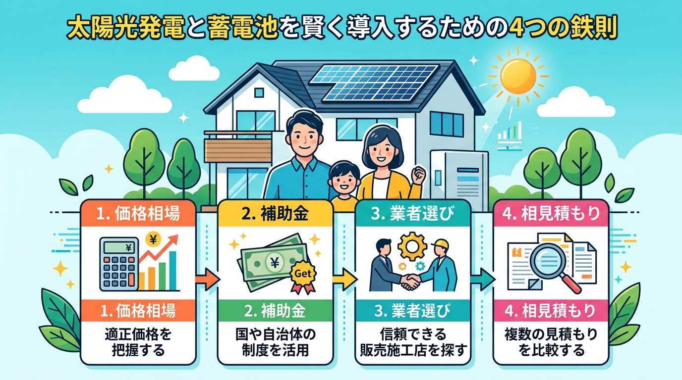 日本人と現代日本を舞台にすること, 太陽光発電と蓄電池を賢く導入するための4つの鉄則」をテーマにしたインフォグラフィック。フラットデザインのデジタルイラストで、明るく分かりやすい。中央にタイトルを配置