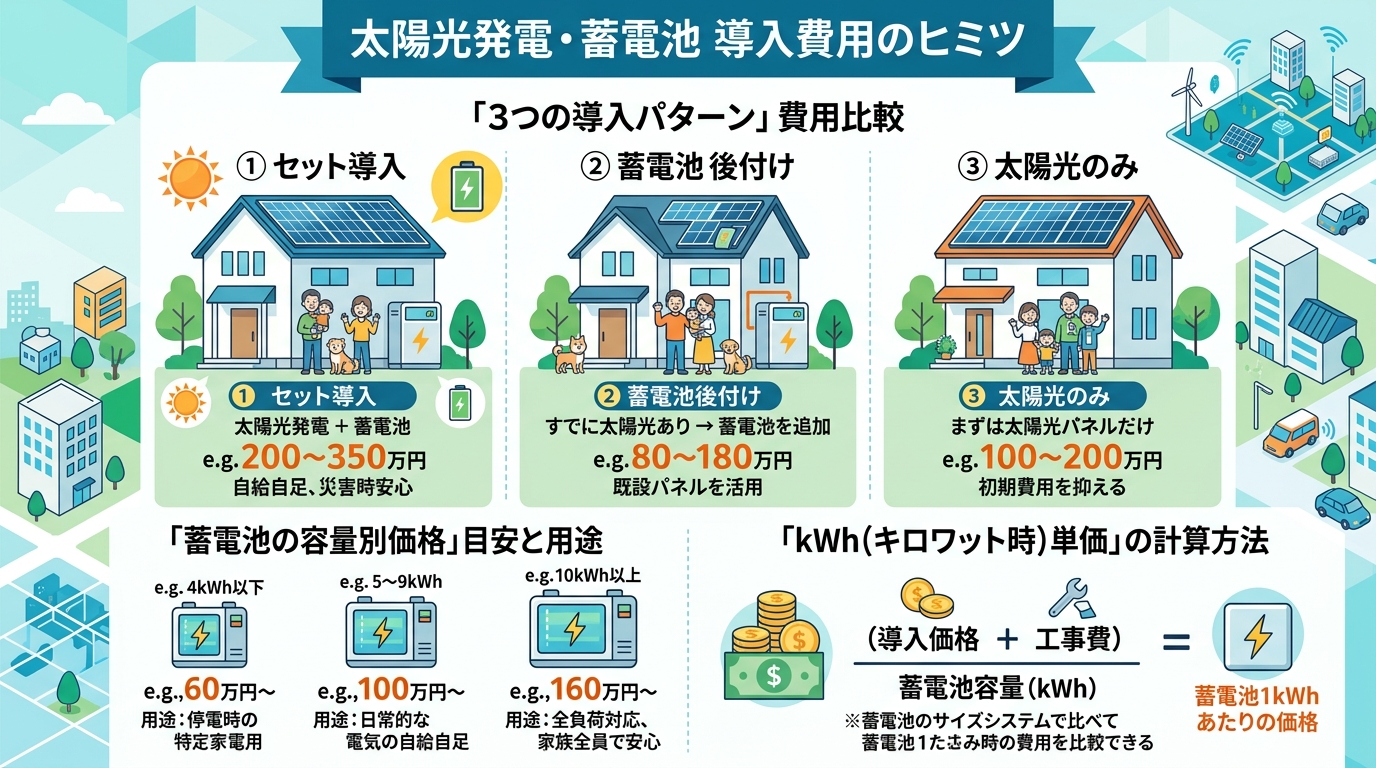 日本人と現代日本を舞台にすること, 太陽光発電と蓄電池の費用がテーマのインフォグラフィック。フラットデザインで明るい配色。上段に「3つの導入パターン」として家のイラスト3種(①セット導入 ②蓄電池後付
