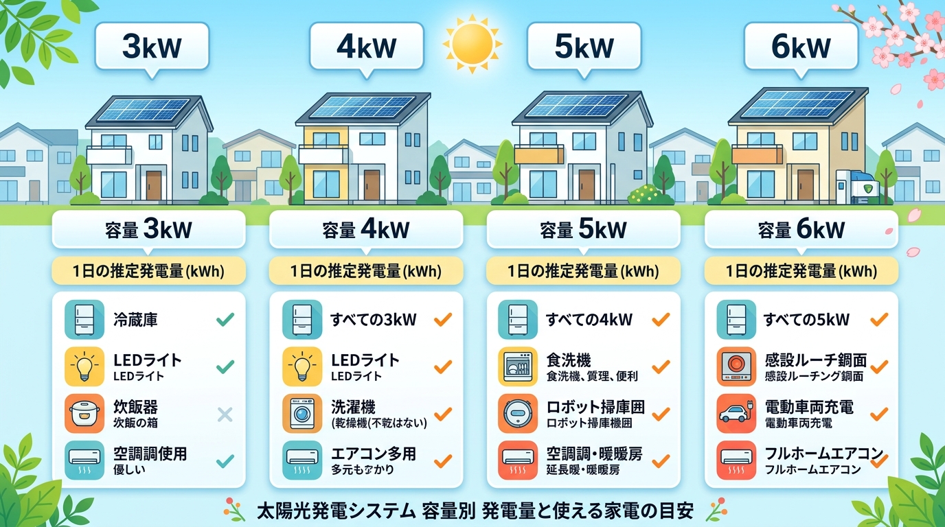 日本人と現代日本を舞台にすること, 太陽光発電のシステム容量別に発電量と使える家電を比較するインフォグラフィック。3kW、4kW、5kW、6kWの4つのセクションを横に並べ、各セクションに太陽光パネル