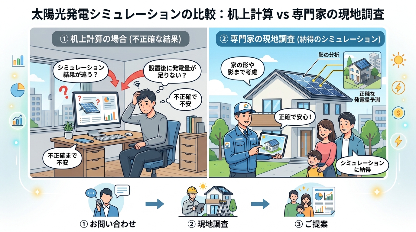 日本人と現代日本を舞台にすること, 太陽光発電シミュレーションの比較インフォグラフィック。デジタルイラスト、フラットデザイン。左に「机上計算」で不正確な結果に悩む人、右に「専門家の現地調査」で家の影ま