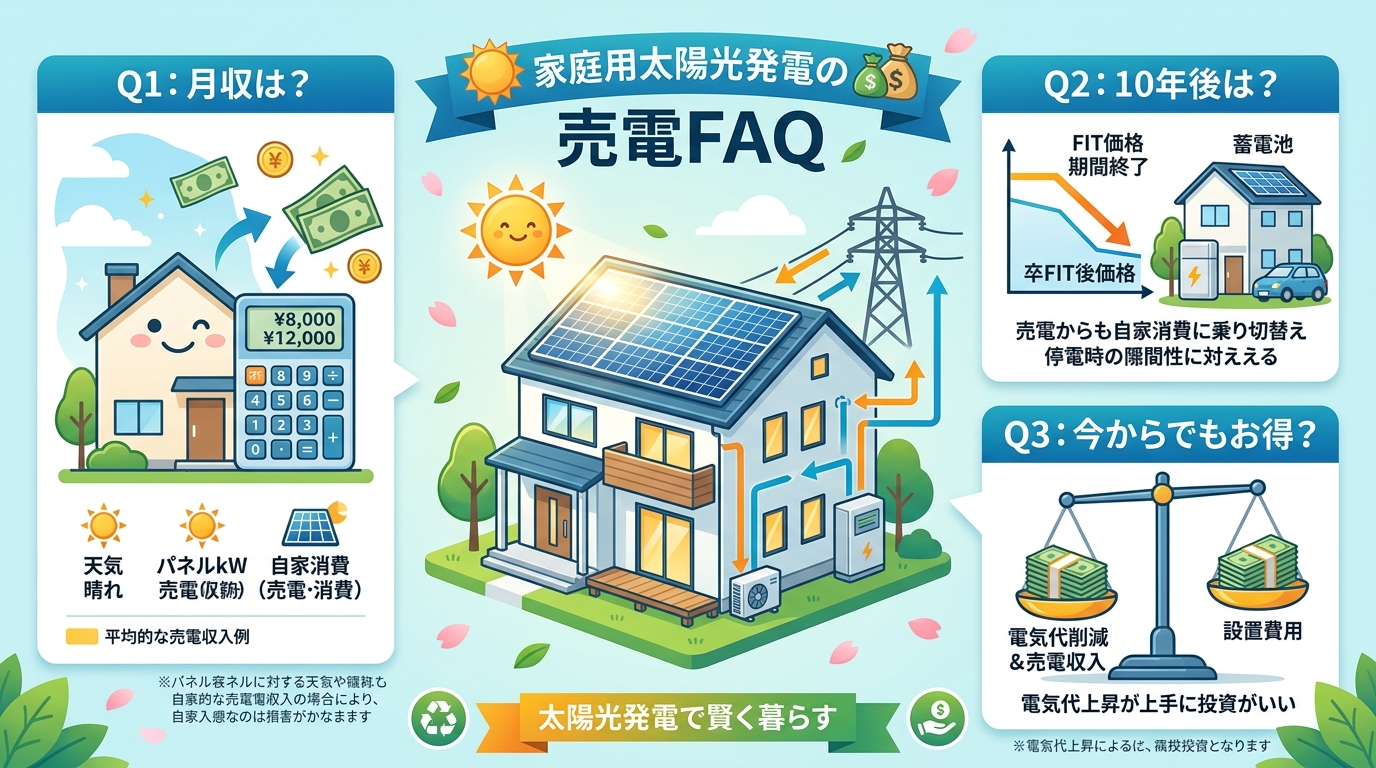 日本人と現代日本を舞台にすること, 「家庭用太陽光発電の売電FAQ」をテーマにしたインフォグラフィック。中央に太陽光パネルが乗った家のイラストを配置。その周りに3つの質問と答えをアイコンと日本語で図解