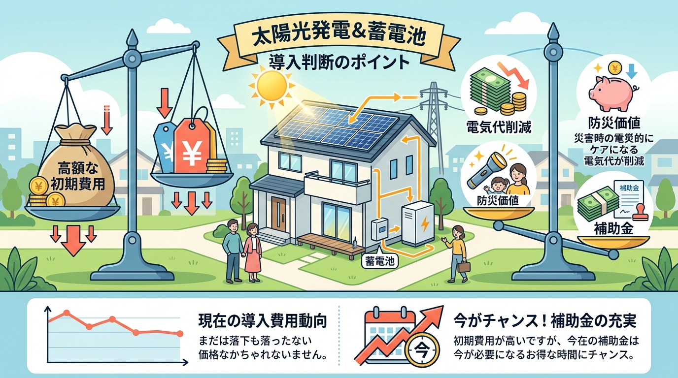 日本人と現代日本を舞台にすること, 太陽光発電と蓄電池の導入判断ポイントを示すインフォグラフィック。明るい配色のフラットなデジタルイラストで、中央に太陽光パネルのある家と蓄電池を配置。その左右に天秤を