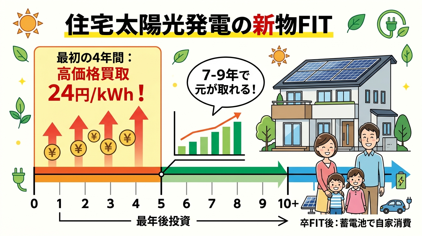 日本人と現代日本を舞台にすること, 家庭用太陽光発電の新FIT制度を解説するインフォグラフィック。明るいデジタルイラスト調。中央に0年から10年後までのタイムラインを配置し、最初の4年間を「高価格買取