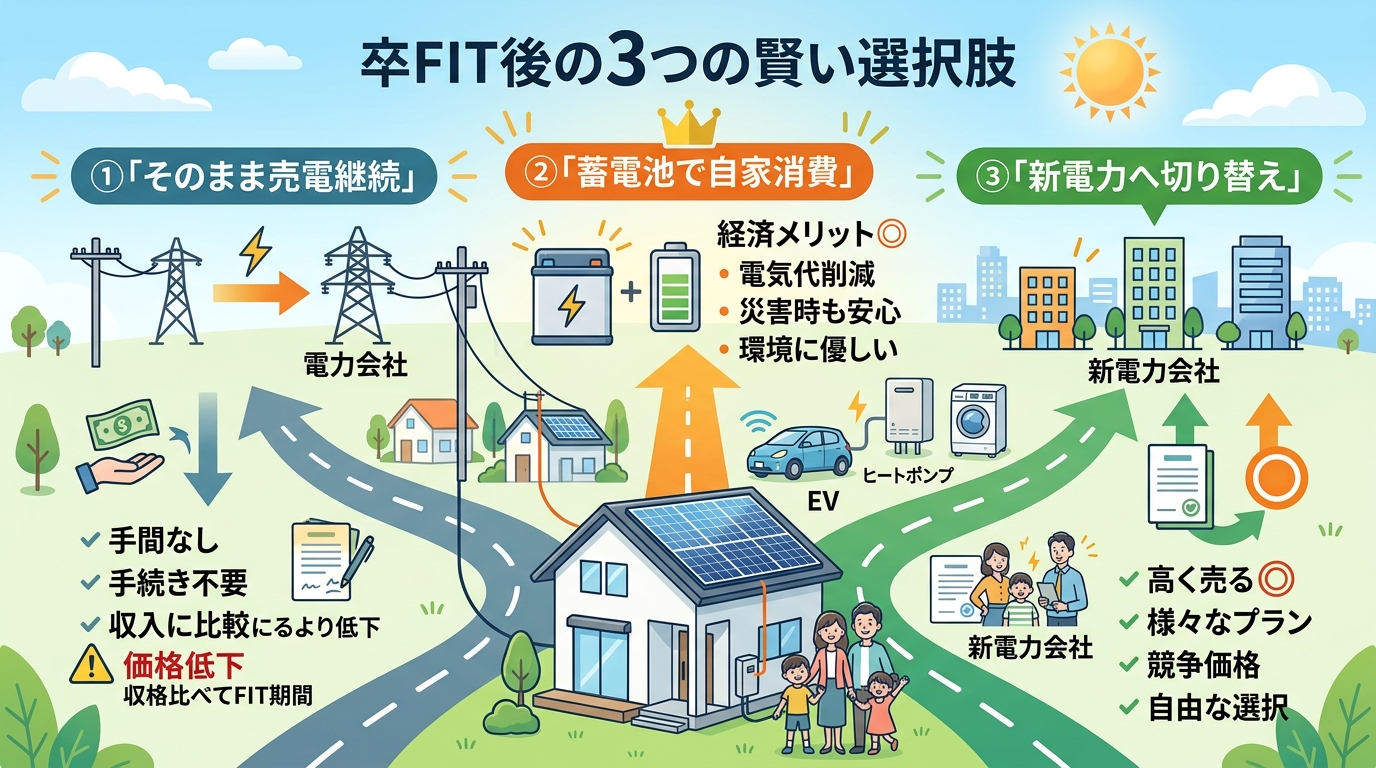 日本人と現代日本を舞台にすること, 「卒FIT後の3つの賢い選択肢」というタイトルのインフォグラフィック。中央に太陽光パネルのある家を配置し、そこから分岐する3つの道で選択肢を表現。①「そのまま売電継