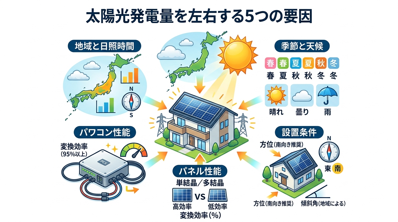 日本人と現代日本を舞台にすること, 太陽光発電の発電量を左右する5つの要因を示すインフォグラフィック。中央に太陽光パネルのある家を配置し、その周りに「地域と日照時間（地図と太陽）」「季節と天候（晴れ・