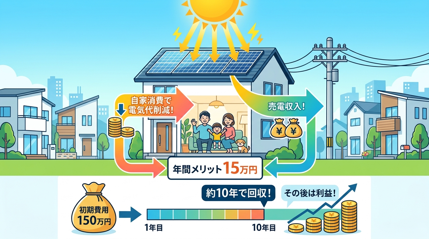 日本人と現代日本を舞台にすること, 太陽光発電の費用回収の仕組みを解説するインフォグラフィック。中央にソーラーパネル付きの家を配置。太陽からの光がパネルに注ぎ、家の中へは「自家消費で電気代削減!」、電