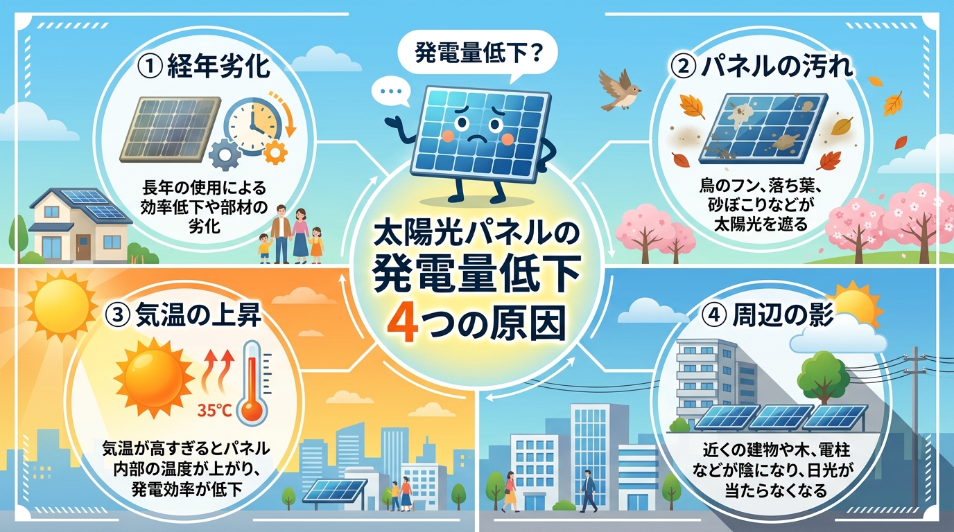 日本人と現代日本を舞台にすること, 太陽光パネルの発電量が低下する4つの原因を解説するインフォグラフィック。中央に「発電量低下？」と困る太陽光パネルを配置し、その周りに4つの原因をアイコン付きで図解す