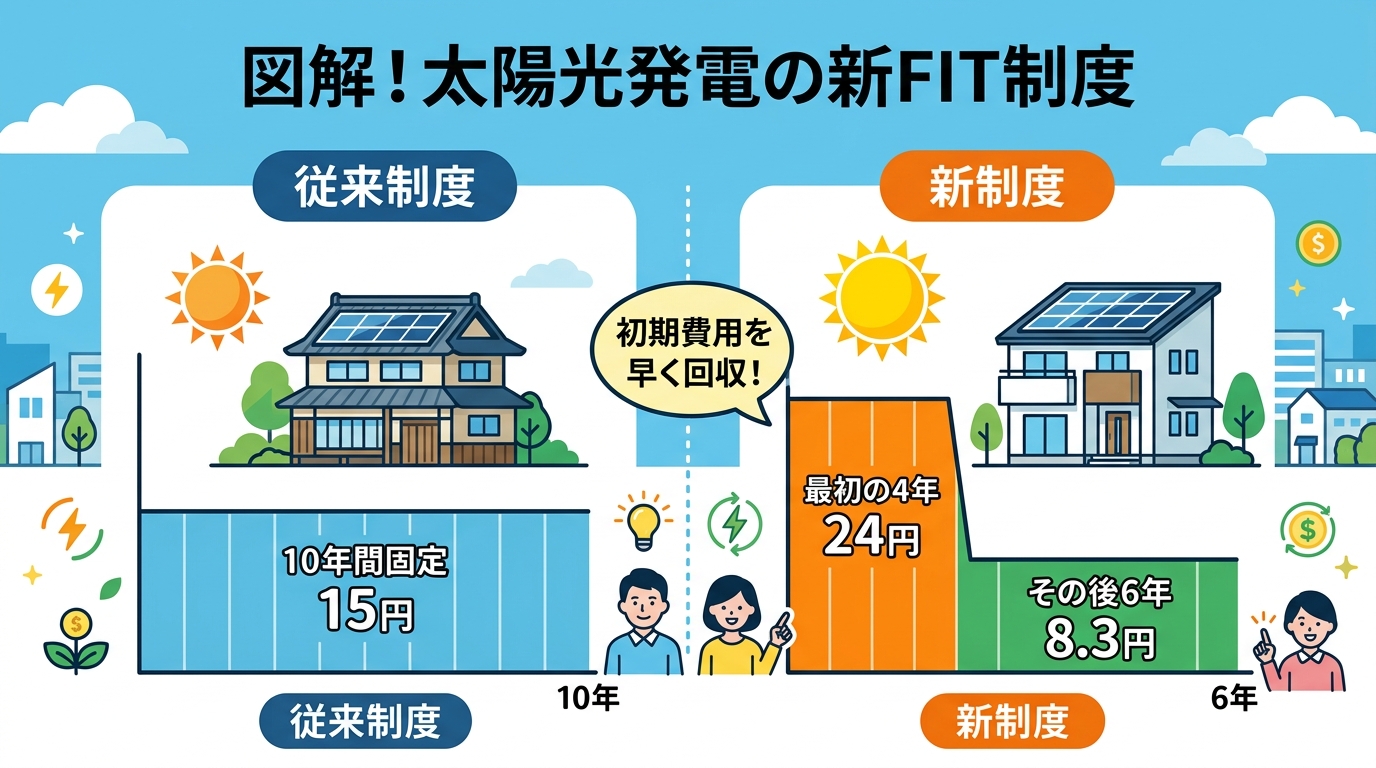 日本人と現代日本を舞台にすること, インフォグラフィック、タイトルは「図解！太陽光発電の新FIT制度」。2つの制度を比較。左に「従来制度」として平坦な棒グラフで「10年間固定 15円」と表示。右に「新