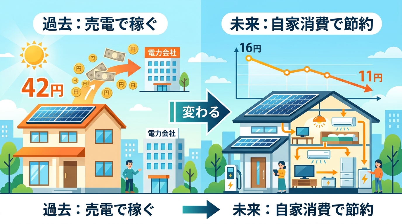 日本人と現代日本を舞台にすること, 太陽光発電の過去と未来を比較するインフォグラフィック。フラットデザインのデジタルイラスト。左側に「過去：売電で稼ぐ」として、太陽光パネルのある家から電力会社へお金が