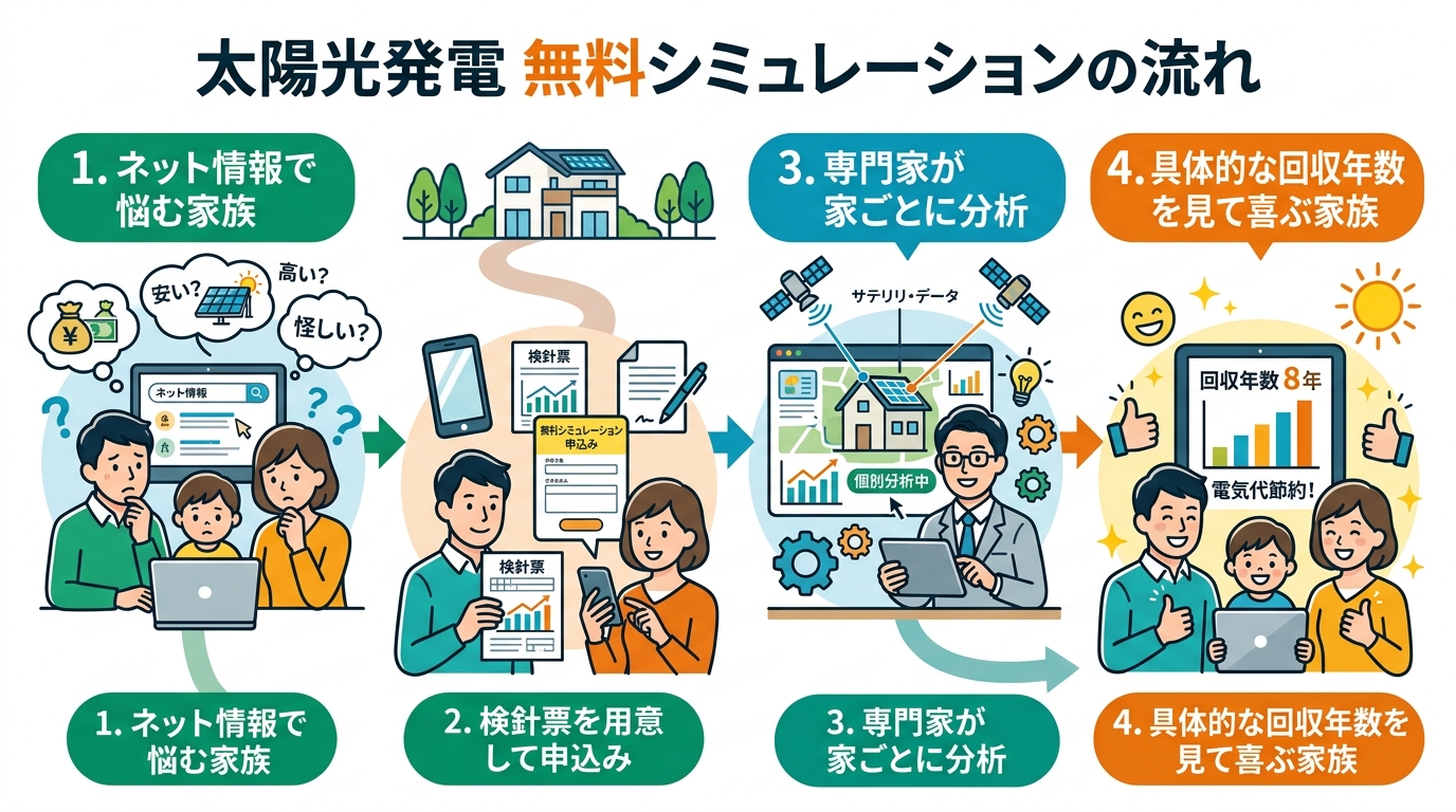 日本人と現代日本を舞台にすること, 太陽光発電の無料シミュレーションの流れを描いたインフォグラフィック。4つのステップで構成。「1.ネット情報で悩む家族」「2.検針票を用意して申込み」「3.専門家が家