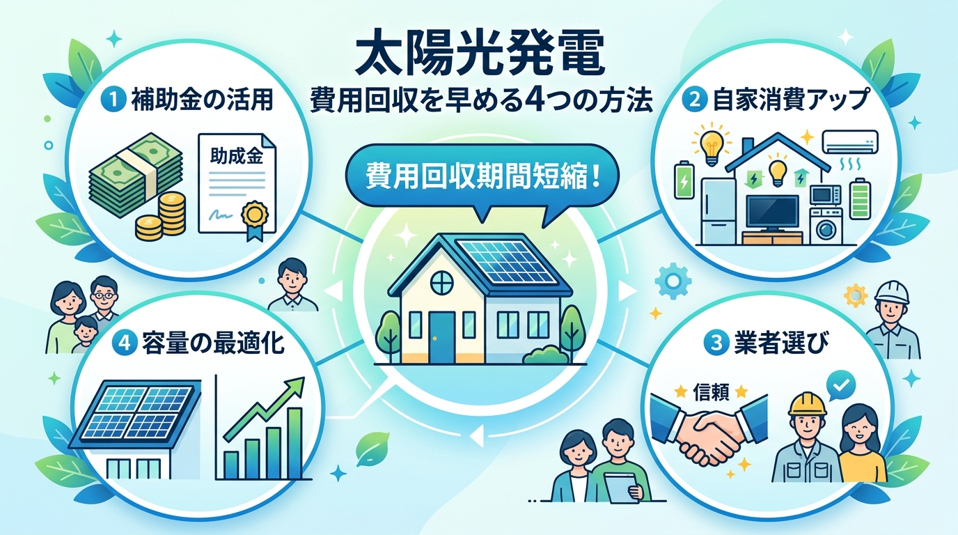 日本人と現代日本を舞台にすること, 「太陽光発電 費用回収を早める4つの方法」というテーマのインフォグラフィック。親しみやすいフラットデザインのデジタルイラスト。中央に「費用回収期間短縮!」という吹き