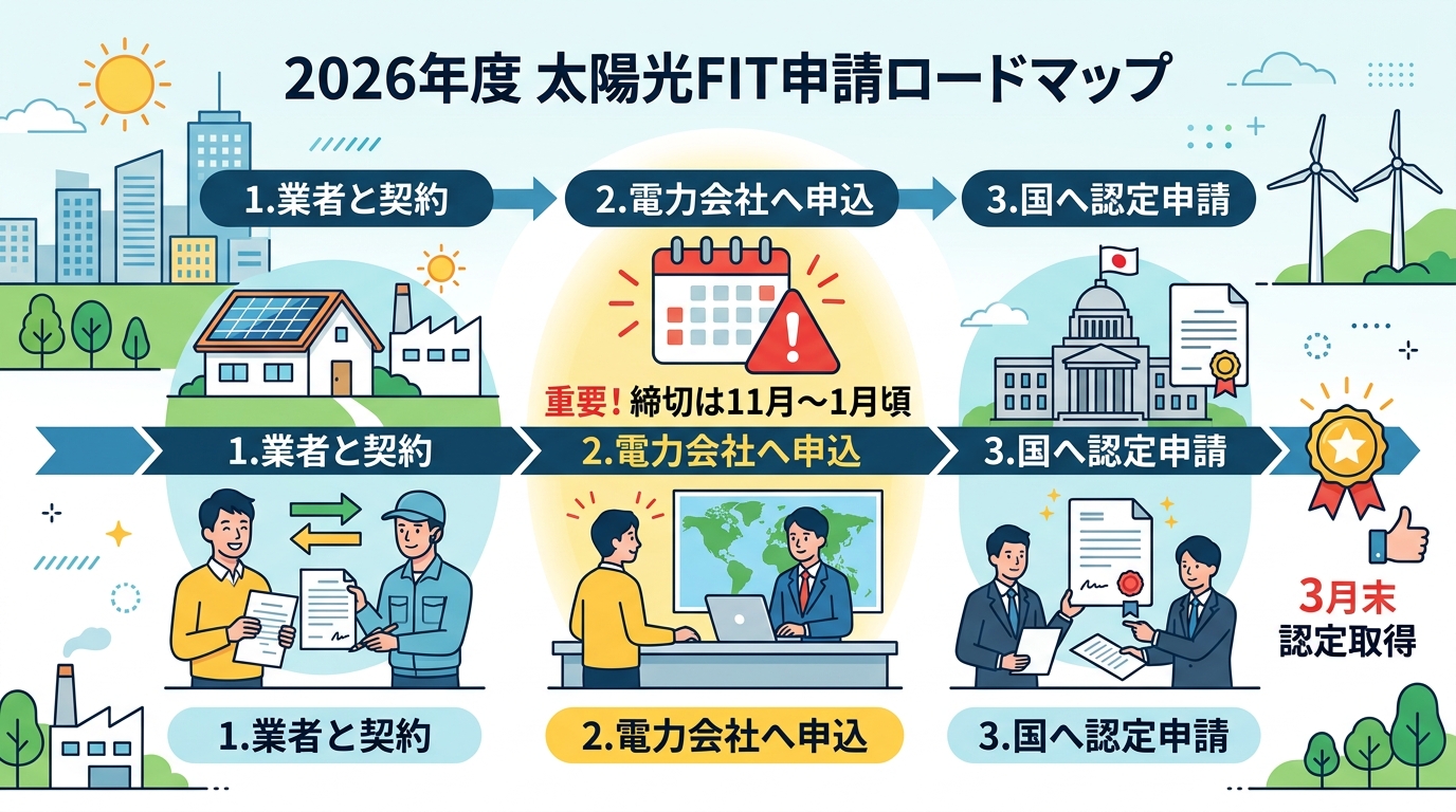 日本人と現代日本を舞台にすること, 「2026年度 太陽光FIT申請ロードマップ」というタイトルのインフォグラフィック。クリーンで分かりやすいフラットデザインのデジタルイラスト。左から右へ進むタイムラ