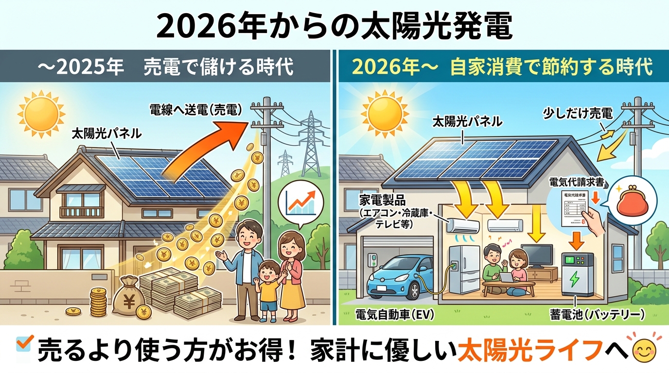 日本人と現代日本を舞台にすること, 「2026年からの太陽光発電」をテーマにした比較インフォグラフィック。左に「〜2025年 売電で儲ける時代」、右に「2026年〜 自家消費で節約する時代」と配置。左