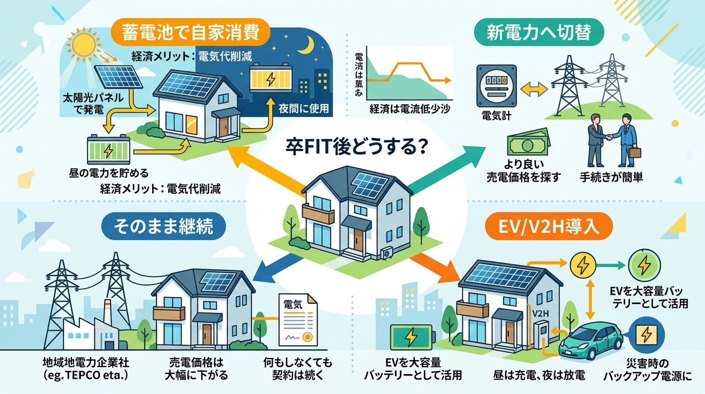 日本人と現代日本を舞台にすること, インフォグラフィック、フラットデザイン。卒FIT後の太陽光発電の4つの対策を示す図解。中央に「卒FIT後どうする？」というタイトルと太陽光パネルの家。そこから4つの