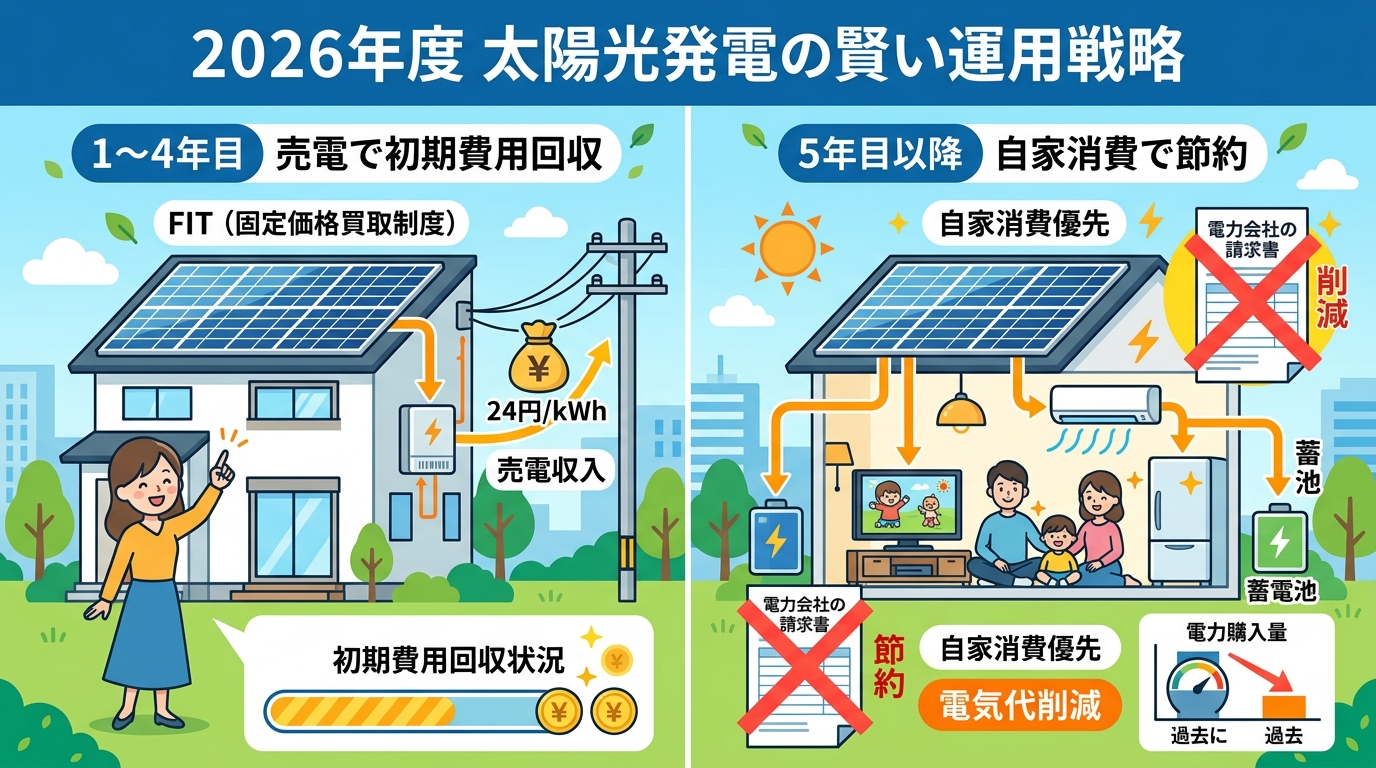 日本人と現代日本を舞台にすること, 「2026年度 太陽光発電の賢い運用戦略」というタイトルのインフォグラフィック。画面を左右に分割し、左に「1〜4年目 売電で初期費用回収」、右に「5年目以降 自家消