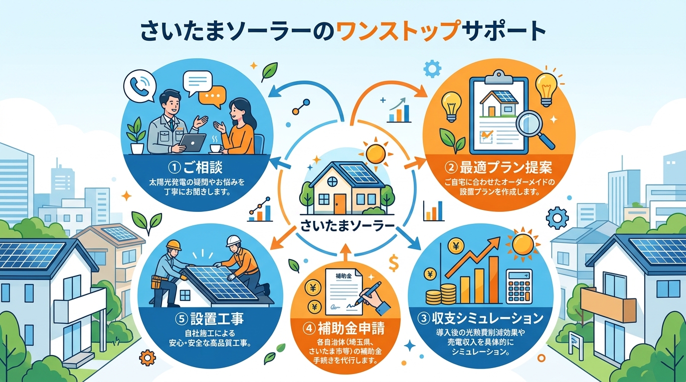 日本人と現代日本を舞台にすること, インフォグラフィック、ステップ図。「さいたまソーラーのワンストップサポート」をテーマに、中央の「太陽と家のロゴ」から矢印で繋がる5つのステップを円形に配置。ステップ