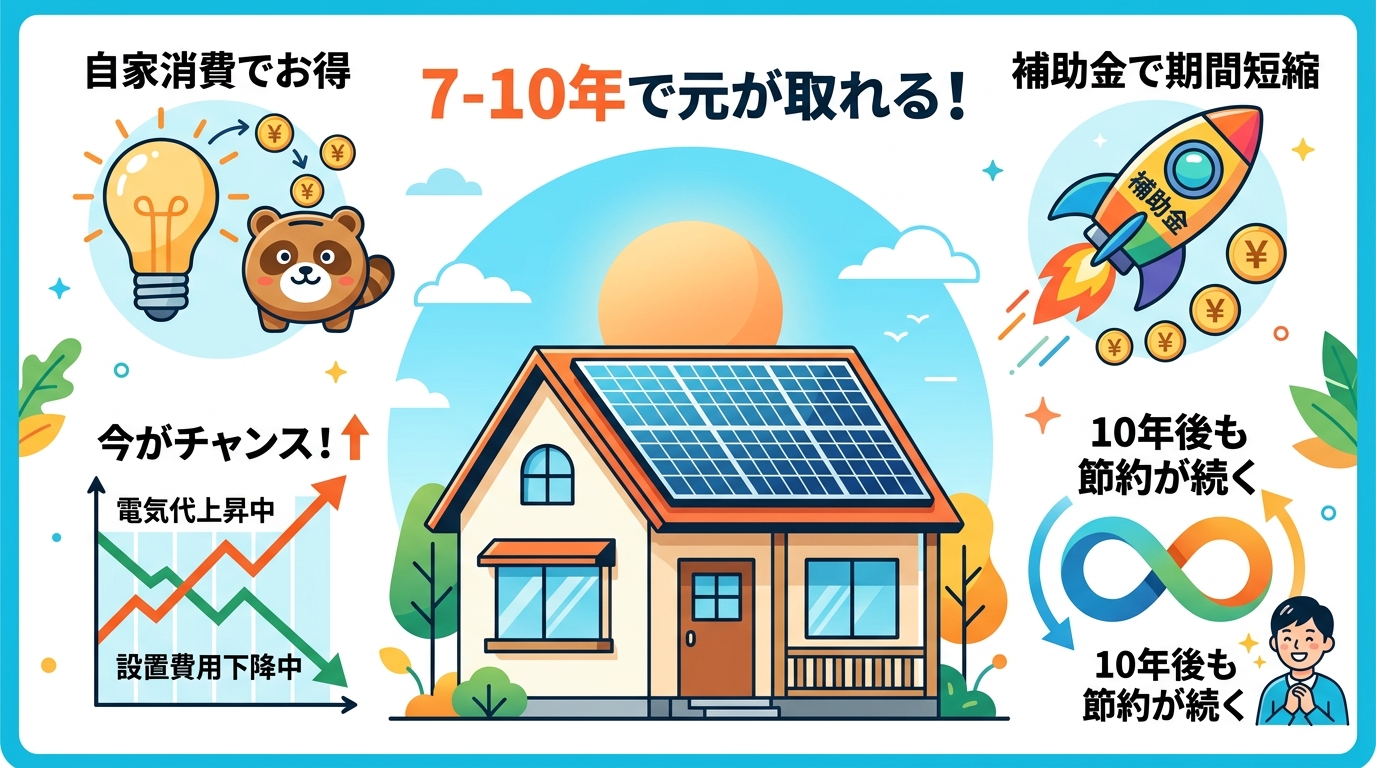 日本人と現代日本を舞台にすること, 「太陽光発電で10年以内に元を取る!」をテーマにしたインフォグラフィック。中央に太陽光パネルのある家のイラストと「7-10年で元が取れる!」の文字。その周りに「自家