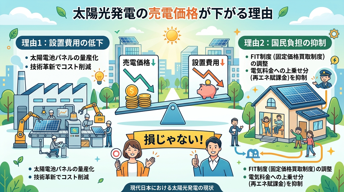 日本人と現代日本を舞台にすること, 「太陽光発電の売電価格が下がる理由」をテーマにしたインフォグラフィック。中央に「売電価格↓」と「設置費用↓」が乗ってバランスを保つシーソーを配置し「損じゃない！」と
