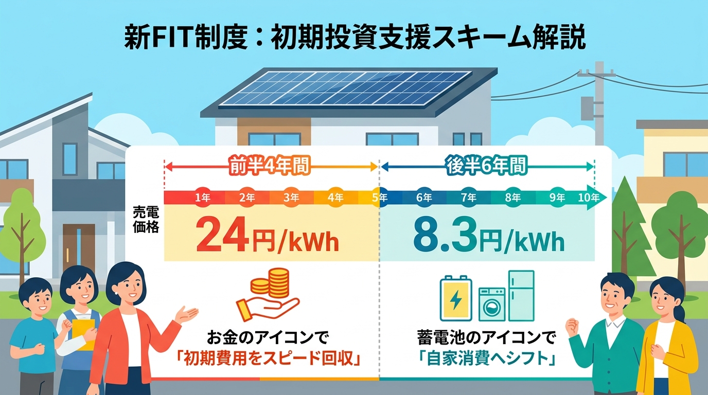 日本人と現代日本を舞台にすること, 太陽光発電の新FIT制度「初期投資支援スキーム」を解説するインフォグラフィック。10年間のタイムラインを中央に配置し、売電価格が二段階に変動する様子を図解。前半4年