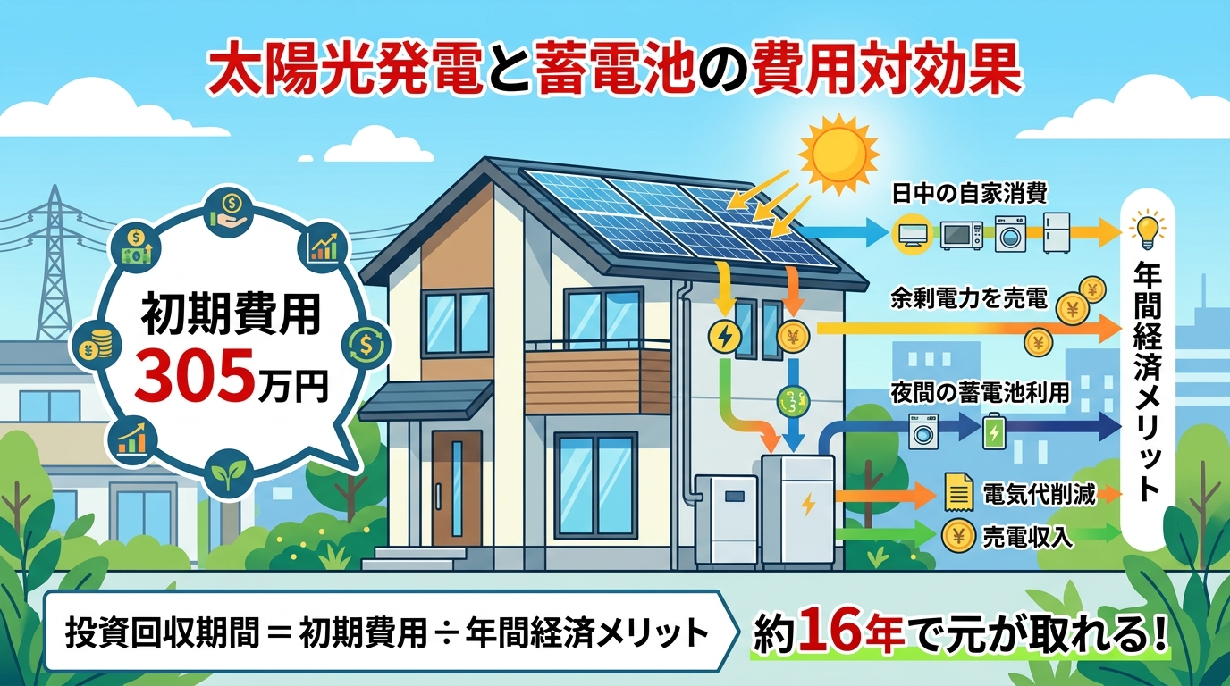 日本人と現代日本を舞台にすること, 太陽光発電と蓄電池の費用対効果を示すインフォグラフィック。中央に太陽光パネルと蓄電池のある家のイラストを配置。左側に「初期費用 305万円」の大きな吹き出し。右側に