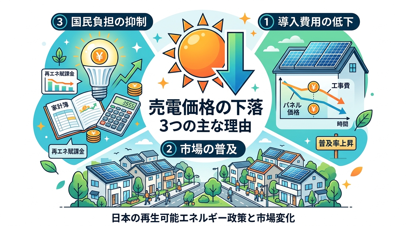 日本人と現代日本を舞台にすること, 太陽光発電の売電価格が下がる3つの理由を示すインフォグラフィック。中央に「売電価格の下落」を象徴する太陽と下向き矢印のアイコンを配置。その周りに3つの理由を配置する